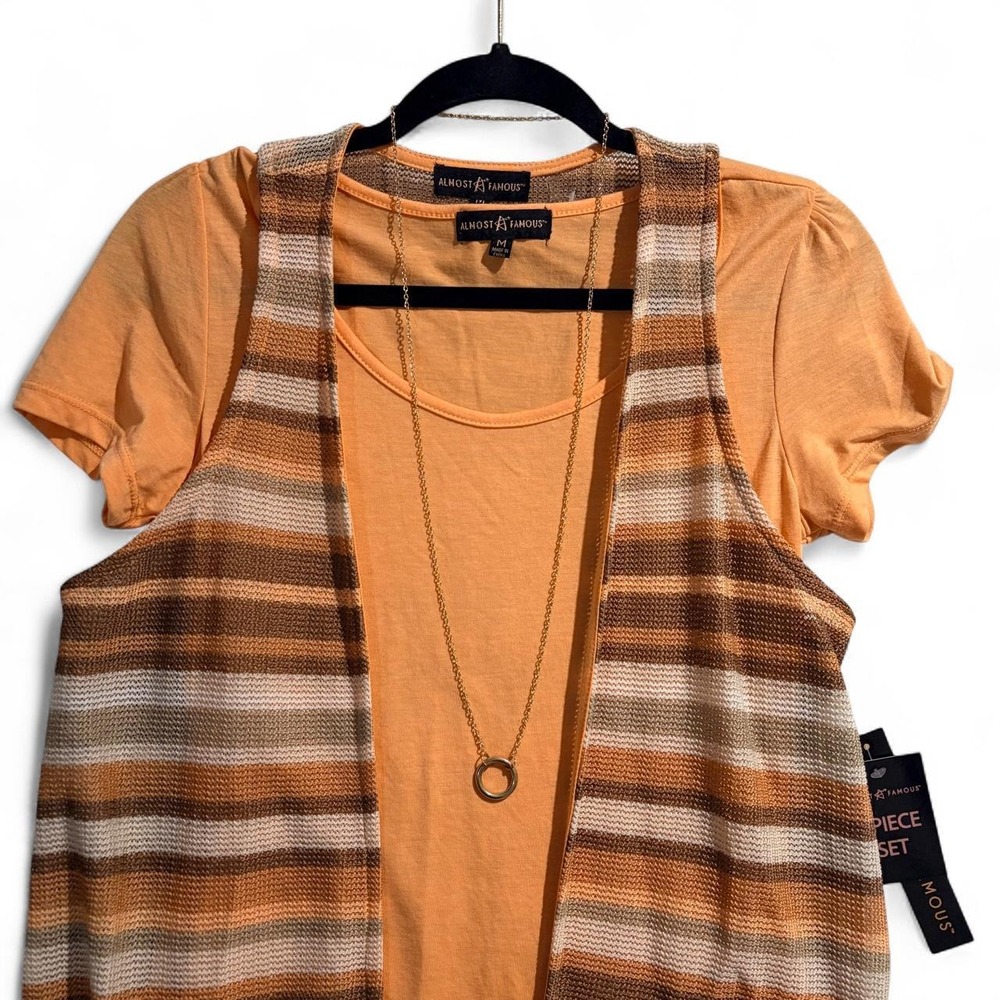Almost Famous 2 Piece Set Orange T-Shirt Brown Striped Fringe Vest Necklace M